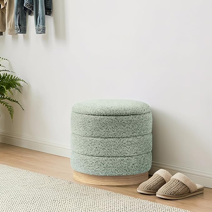 Round Storage Ottoman with Reversible Tray Lid, Folding Chenille Fabric