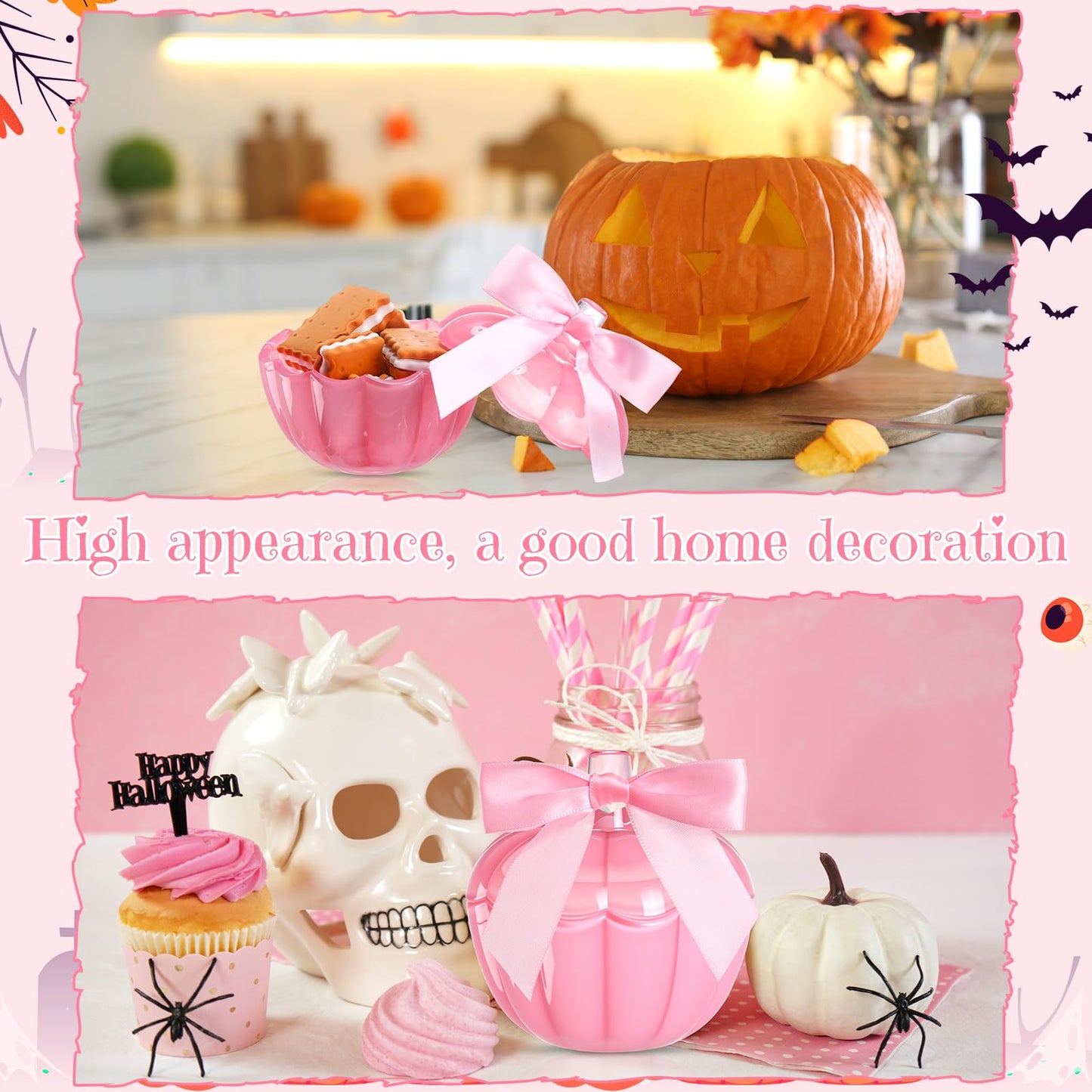 Mimorou 8 Set 4 Set Thanksgiving Candy Bowl with Lids Pink Glass Pumpkin Candy Jar with Bow for Thanksgiving Day Table Centerpiece Decoration