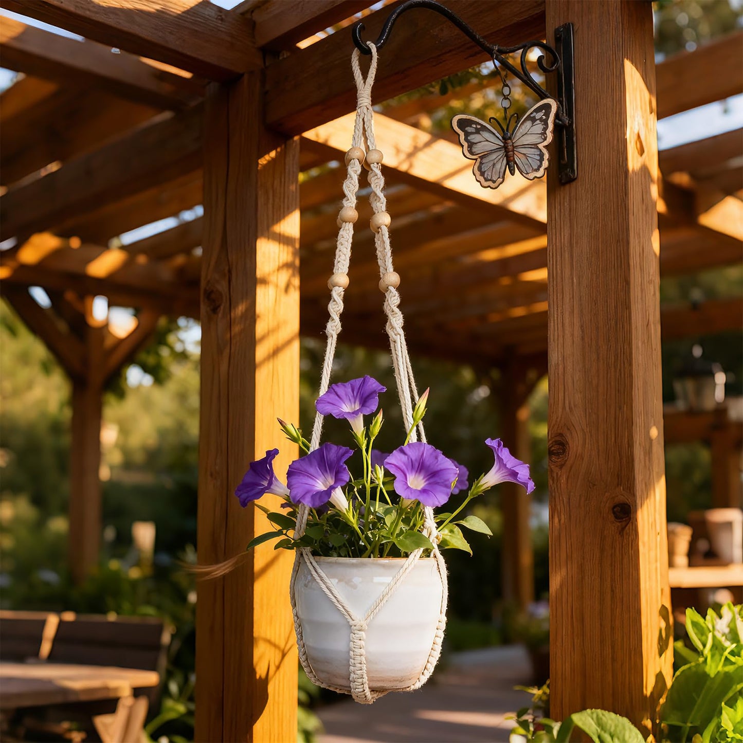 EJGIEGSO Macrame Plant Hanger, Up to 4-15 inch Pots, Wood Beads Cotton Hanging Planter Holder for Indoor Outdoor Boho Home Decor, 35 Inch, Set of 2 (Ivory)
