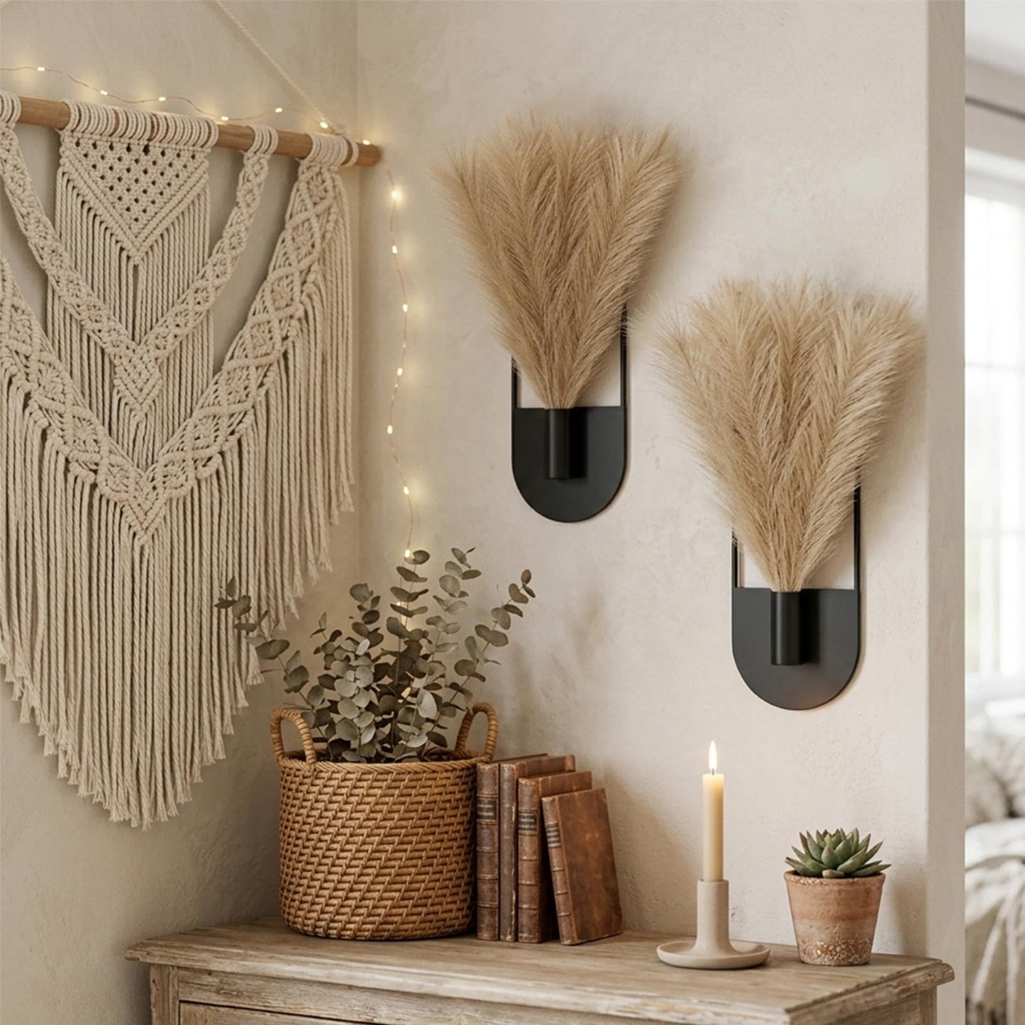 Nacidooka 2 Pcs Hanging Planters for Indoor Plants, Hanging Plant Holder with Artificial Pampas Metal Plant Hanger Wall Art Modern Boho Wall Decor for Bathroom Living Room Hallway Home Office(Black)