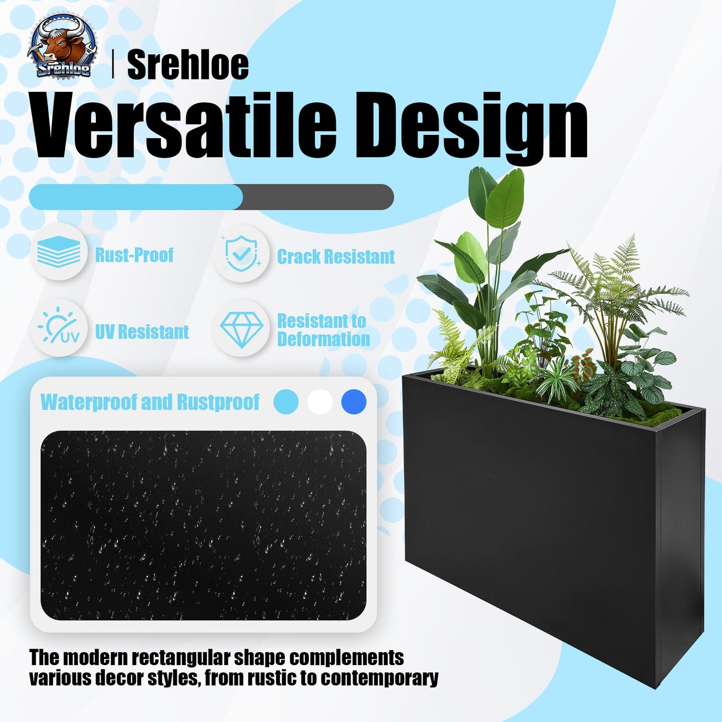 Srehloe Metal Planter Box for Outdoor Plants 38" x 10" x 30" Large Rectangular Planter Cube Steel Heavy Duty Flower Pot with Insert Shelf and Drainage Holes Suitable for Patio Yard Garden Porch Hotel