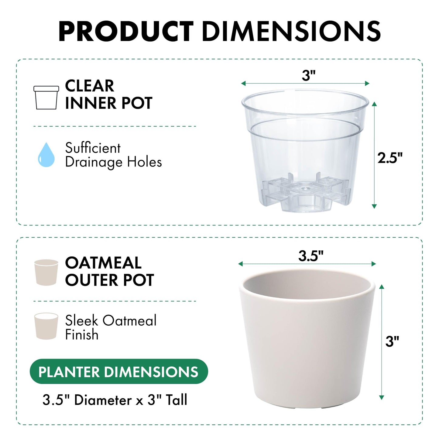 Phoenix Vine 3.5 Inch Oatmeal Plastic Cachepot with Clear Nursery Pot, Decorative Lightweight Planter Cover with Transparent Inner Pot for Indoor Houseplants, Pack of 4, 24-A-G-4