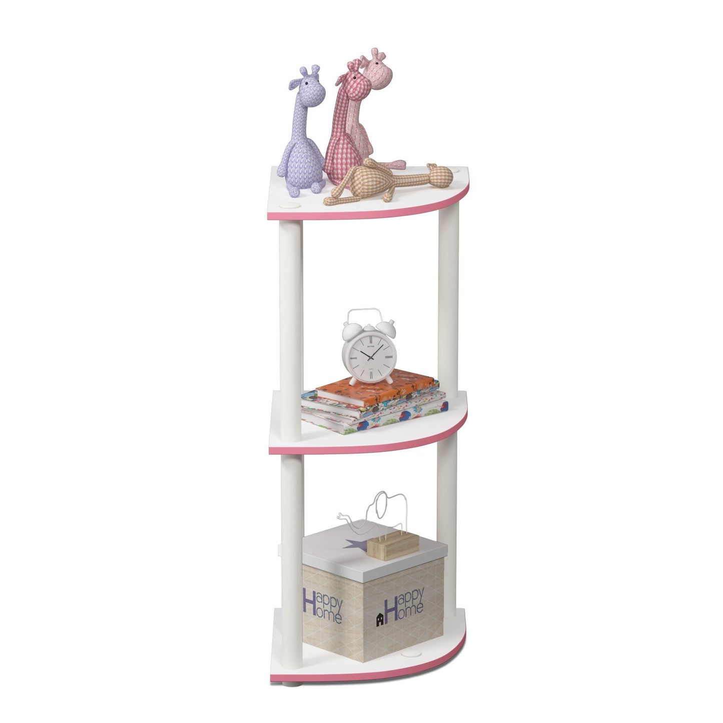 Furinno TURN-N-TUBE Corner Shelf, 3-Tier Corner Bookshelf, Display Storage Shelves with Open Shelves, for Organization and Storage, Living Room, Home Office, Garage, Pink