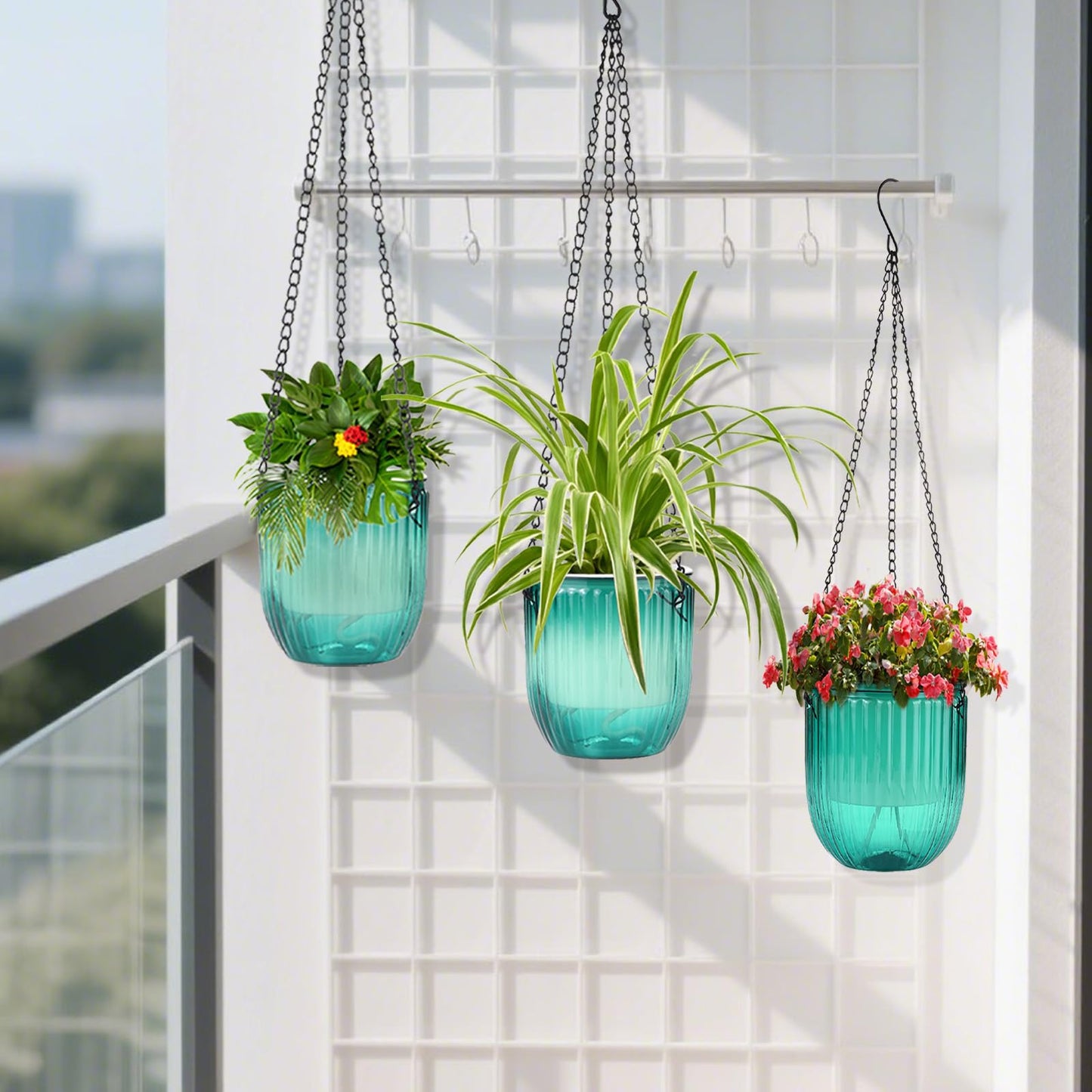 JxyHauteresce 4 Pack Self Watering Hanging Planters with Drainage Holes –Hanging planters for Indoor Plants, Flowers, Succulents – Lightweight, Durable Hanging Baskets Green
