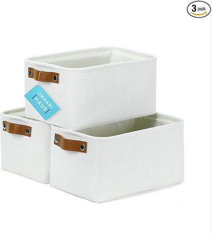 OrganiHaus 12x8in Canvas Storage Baskets 3 Pack | SMALL Fabric Bins for Shelves | Pantry & Bathroom Organizer | Full Off-White