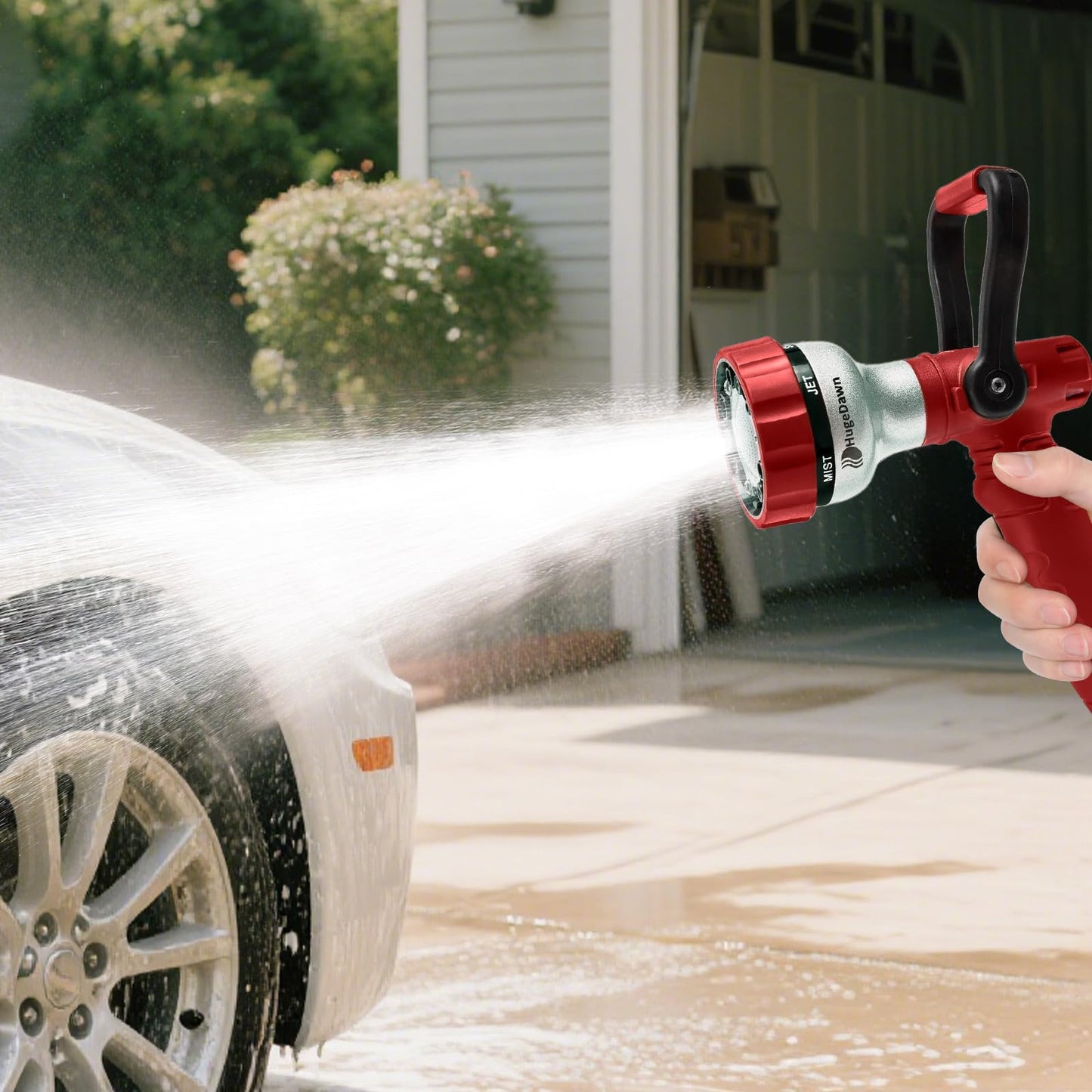 HugeDawn Garden Hose Nozzle, 6 Spray Patterns Heavy Duty Metal Water Nozzle with High Pressure for Watering, Cleaning, Washing (Red)