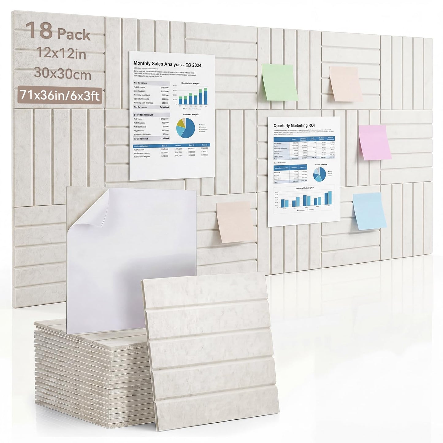 Fuyoooo 18 Pack Large Felt Bulletin Board 71"x36" Cork Board Alternative Jumbo DIY Decorative Pin Wall Panel Self-Adhesive Reusable Bulletin Wall Panels for Home Office Classroom 30x30cm Each (Khaki)