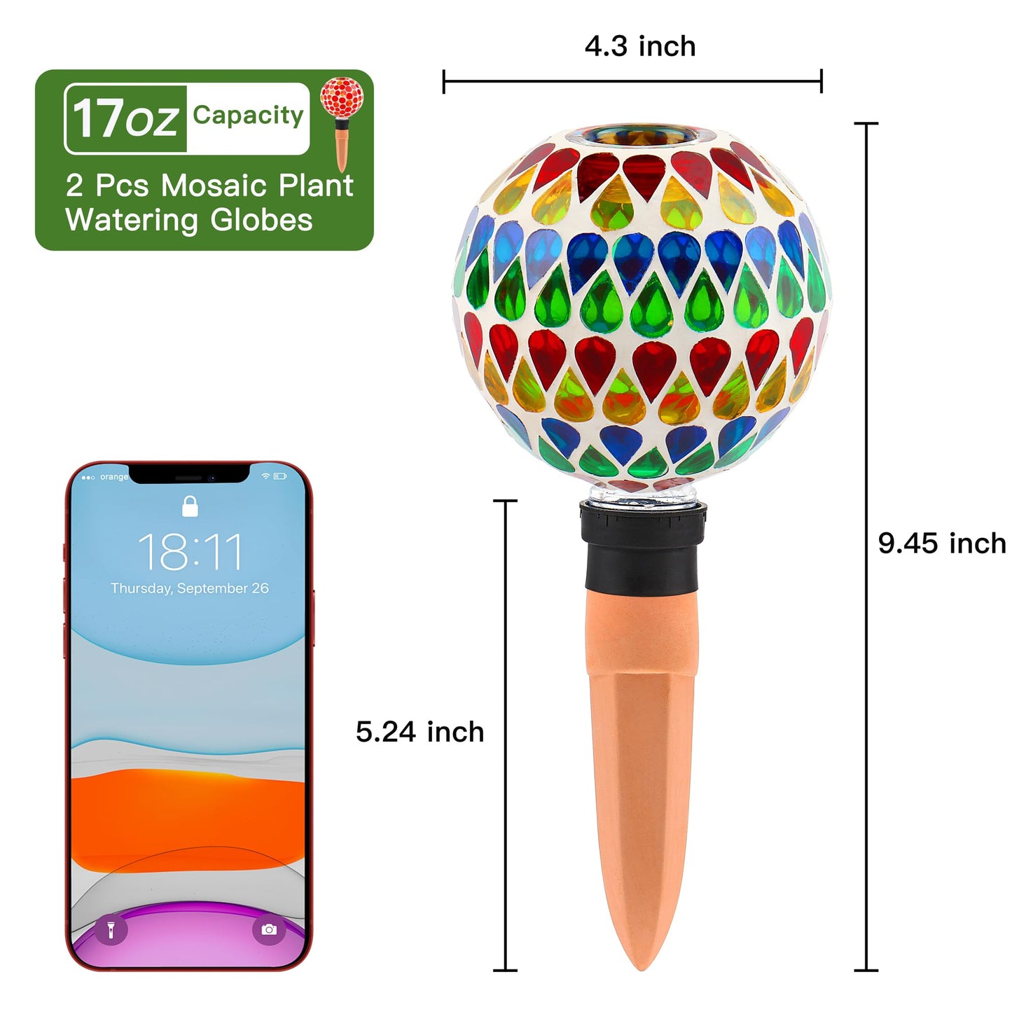 SAVENNA Mosaic Plant Watering Globes with Terracotta Spikes, 17oz Glass Self Watering Globes for Indoor & Outdoor Potted Plants, Decorative Water Drippers, Set of 2