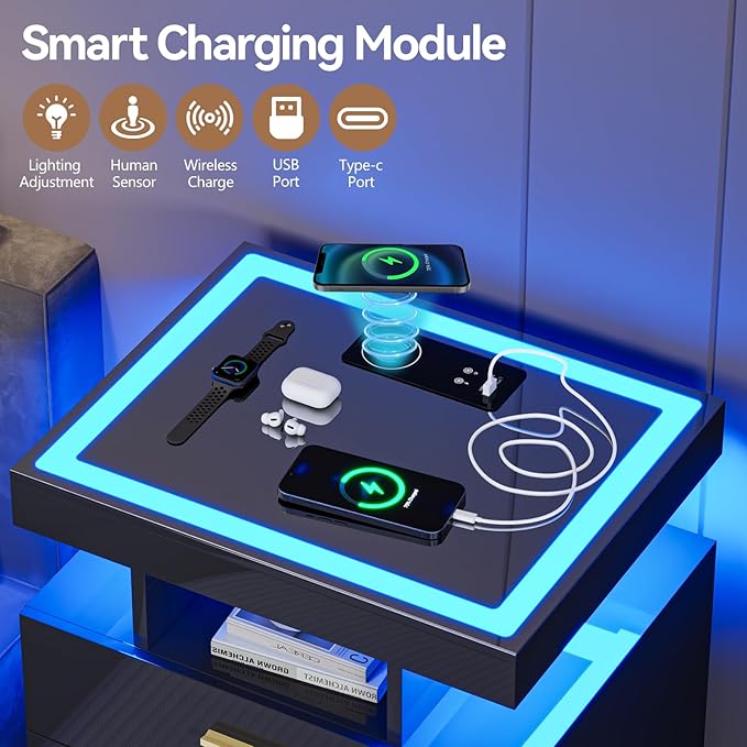 Black Night Stand with Wireless Charging Station, Smart Bedside Table with 3