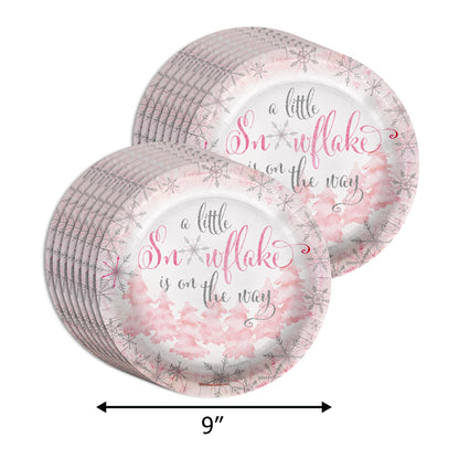 A Little Snowflake is On The Way Girl's Baby Shower Party Supplies - 64 Piece Winter Baby Shower Tableware Set Includes Large 9" Dinner Plates and 8" Dessert Paper Plates Napkins Cups - Kit for 16