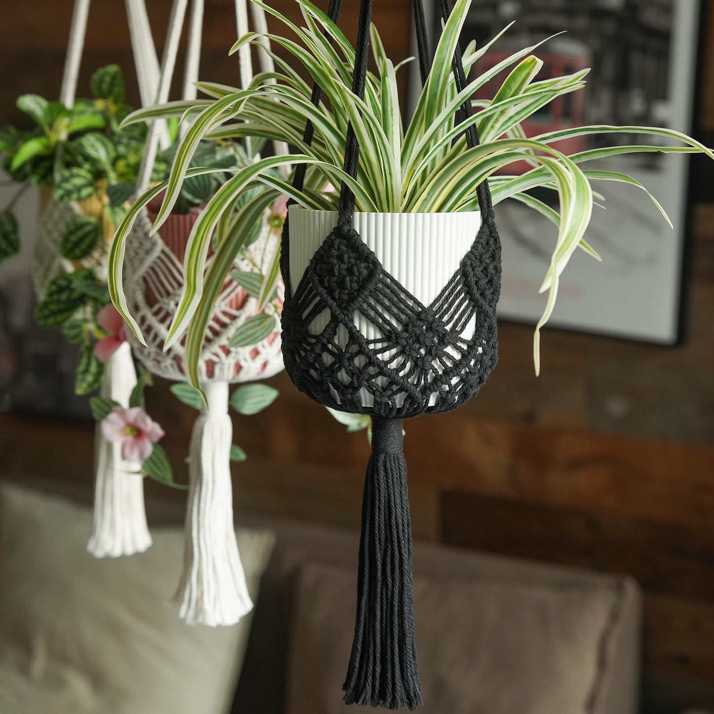 XINBOR Hanging Planter with Patterns,2Packs Macrame Plant Hangers Indoor Macrame for up to 8 inch Pot Crochet Boho Plant Hanger Holder for Indoor Outdoor with 2S Shaped Stainless Steel Hooks (Black)
