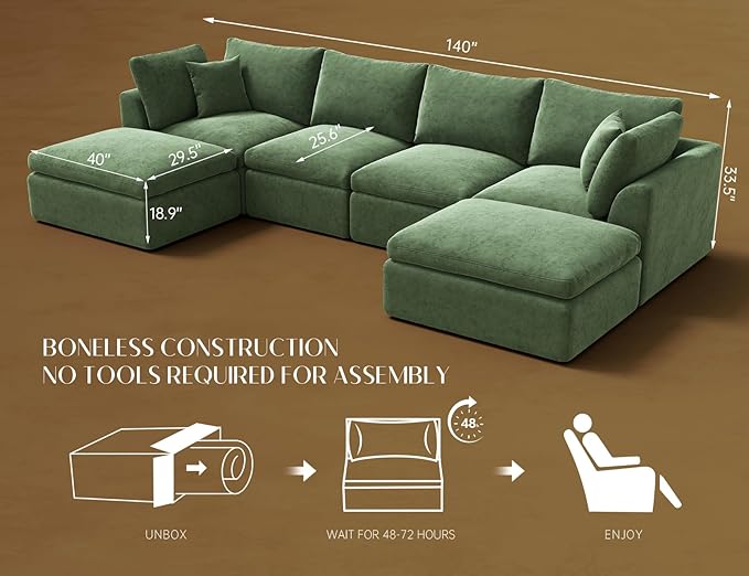 ohllob 140" U Shaped Couch, Cloud Sectional Couches