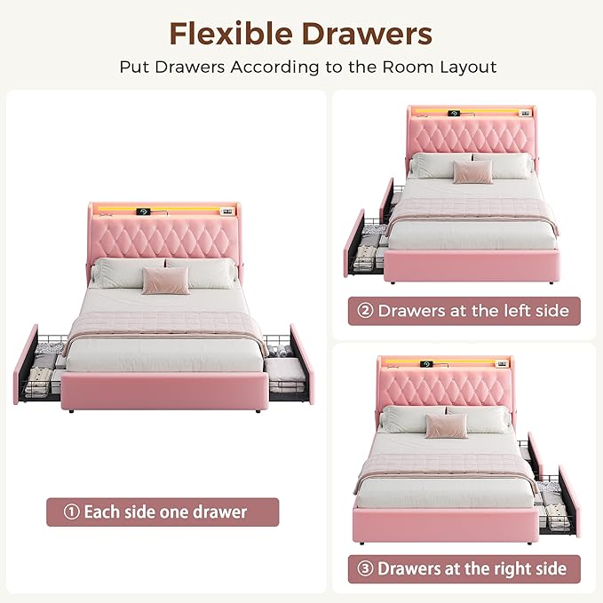 Full LED Velvet Bed Frame with 2 Storage Drawers&Hidden Headboard, Upholstered