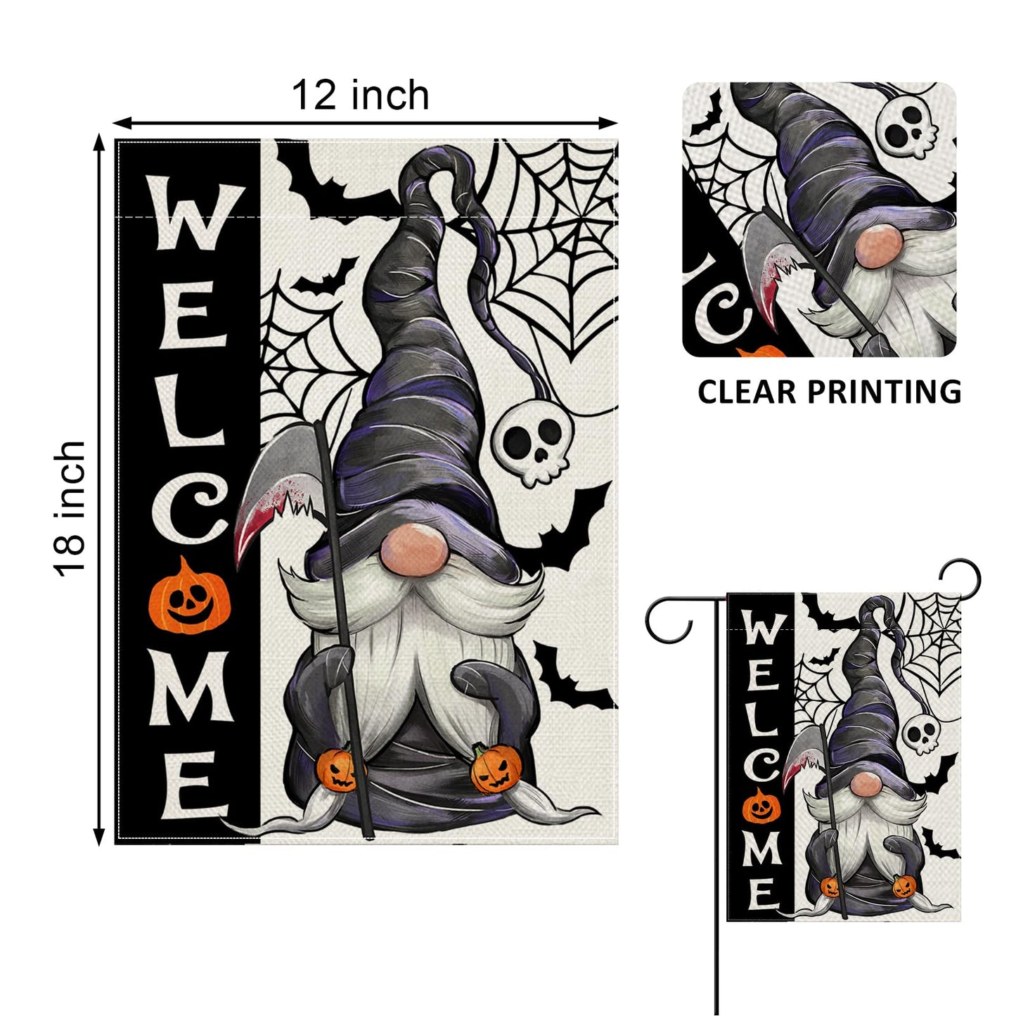 Covido Welcome Halloween Gnome Decorative Garden Flag, Spooky Jack O Lantern Pumpkin Skull Spider Web Bat Yard Outside Decorations, Funny Holiday Burlap Outdoor Small Home Decor Double Sided 12 x 18