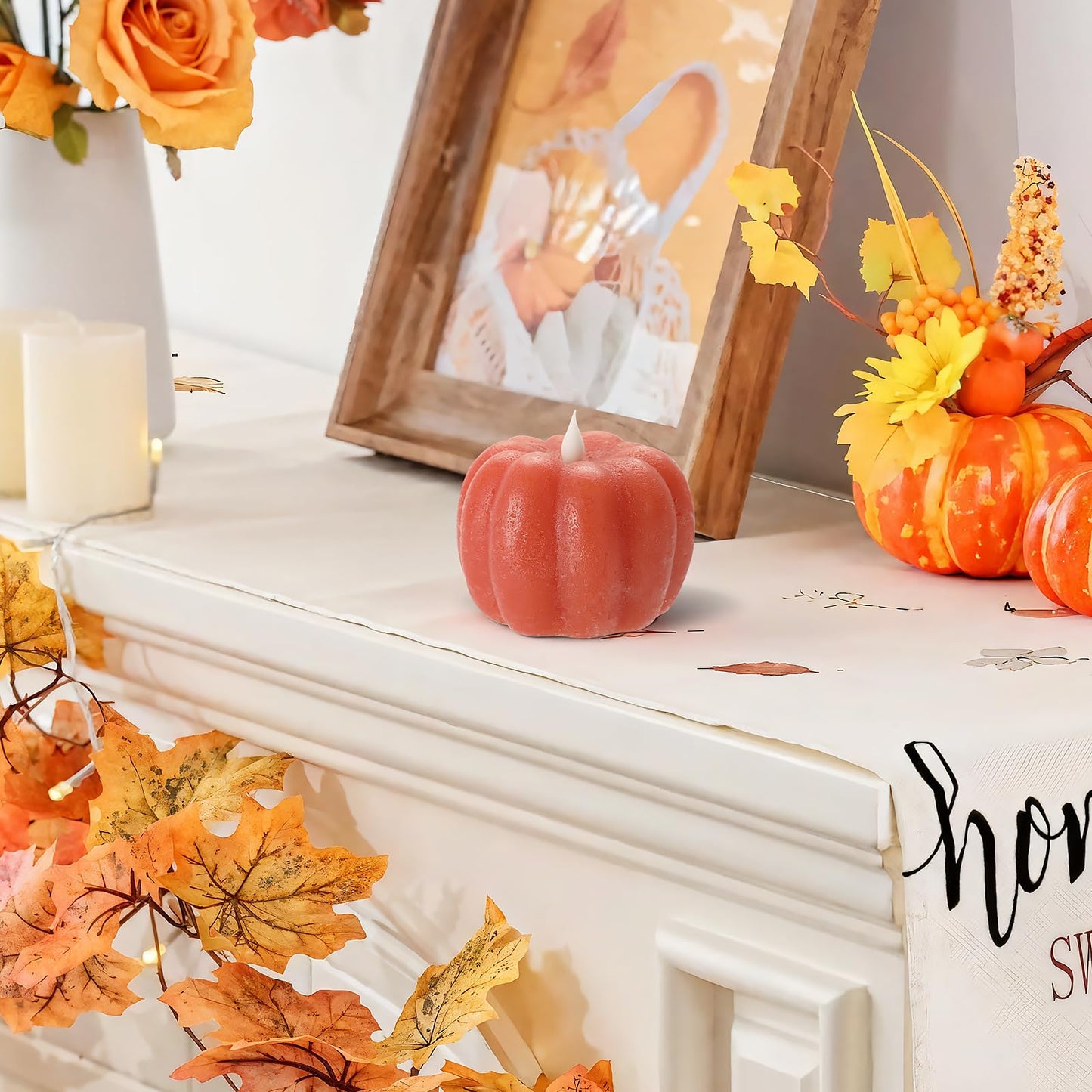 Fall Decor Pumpkin Flameless Candles - Battery Powered LED Pumpkin Flickering Candle with Timer Remote Control, Thanksgiving Gifts, Autumn Farmhouse Rustic Harvest Decor for Indoor (Orange)