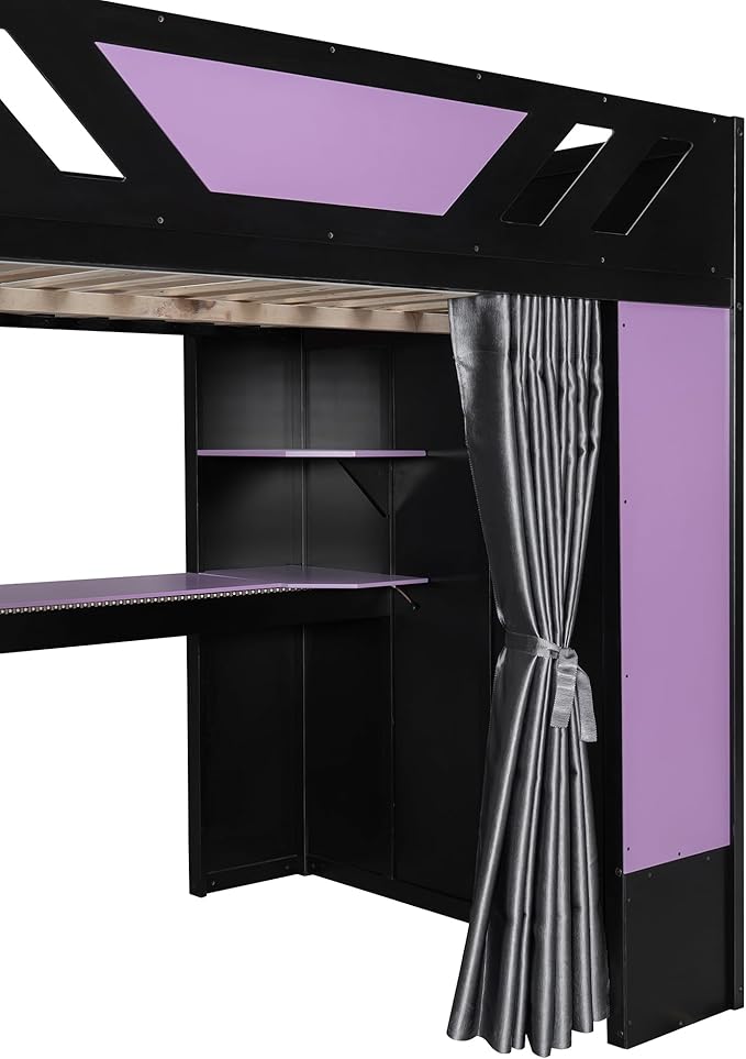 Full Size Wood Loft Bed with Built-in Workstation, Smart Storage, RGB Lighting
