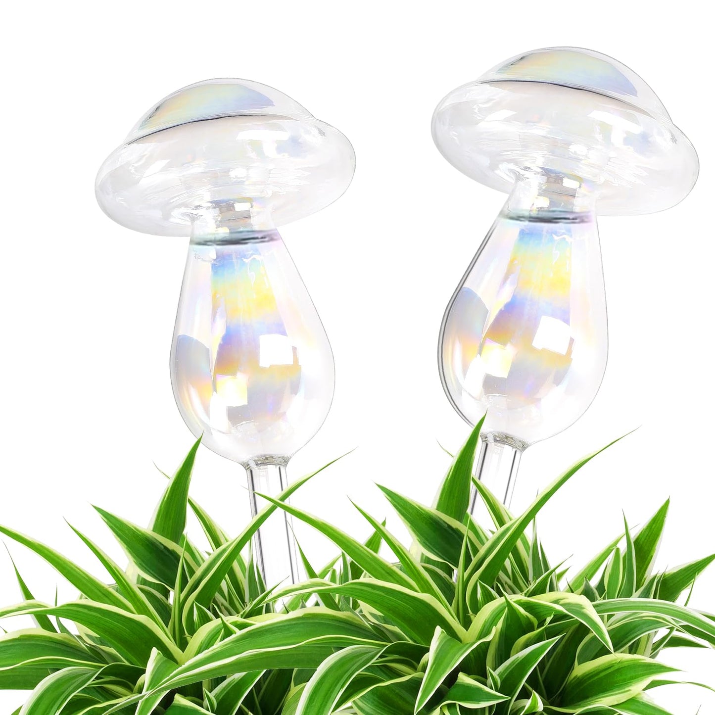 Farady Plant Watering Globes, Iridescent Rainbow Glass Water Bulbs Self Watering Spikes Planter Insert Automatic Plant Watering Device for Indoor and Outdoor Plants(2Pcs, Mushroom Shaped)