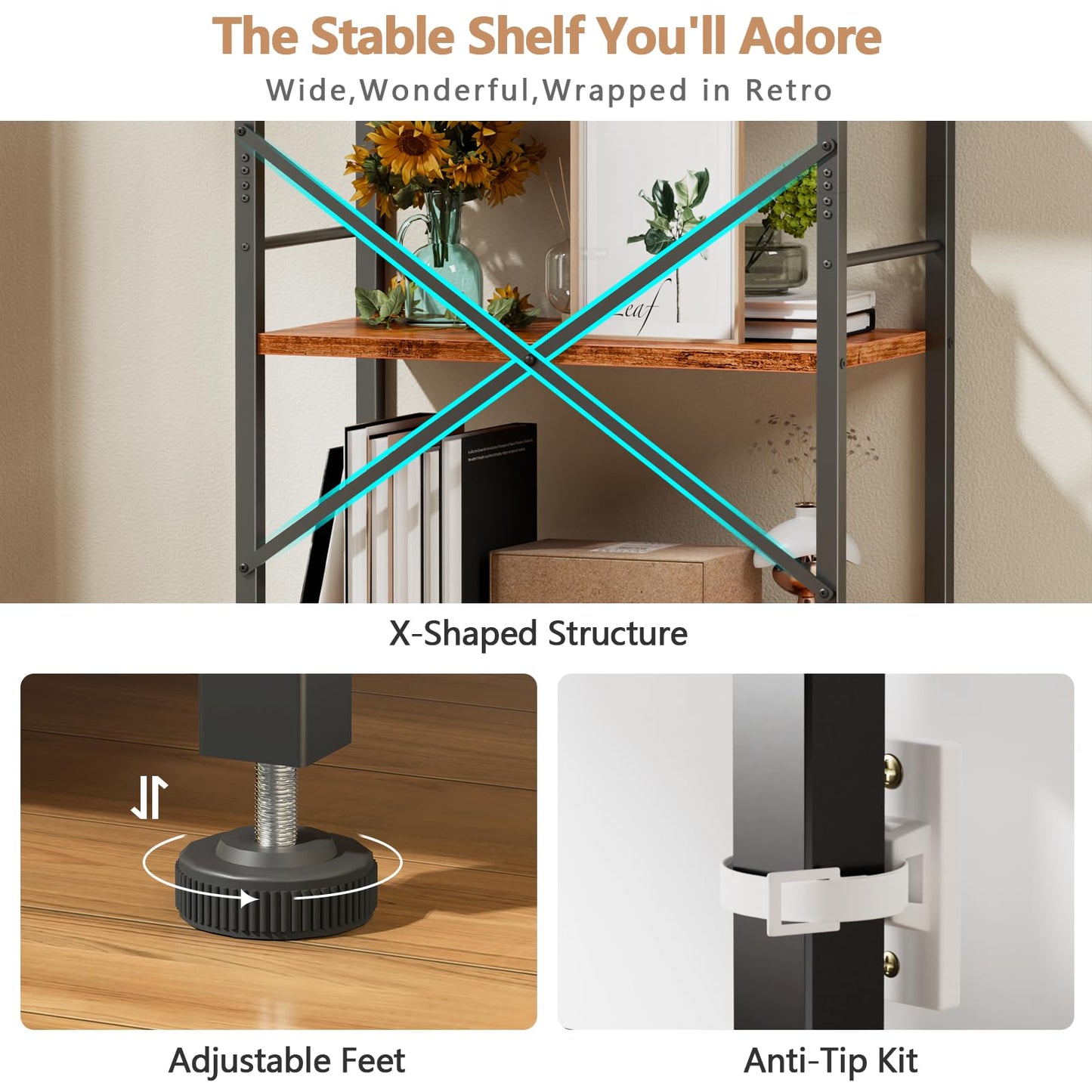 Furologee 5 Tier Book Shelf Set of 2, Tall Wide Bookshelf, Industrial Open Bookcase, Display Shelves Storage Organizer, Shelving Unit for Living Room, Home Office, Bedroom, Rustic Brown