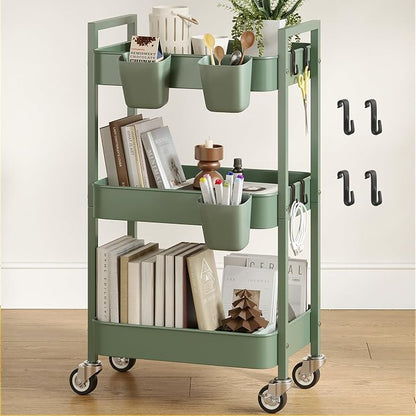 Nunsino 3 Tier Rolling Cart,Utility Cart with Locking Wheels, Hanging Cups,&Hooks, Heavy Duty Metal Storage Organizer Cart for Kitchen,Office, Bathroom,Craft Room,Green