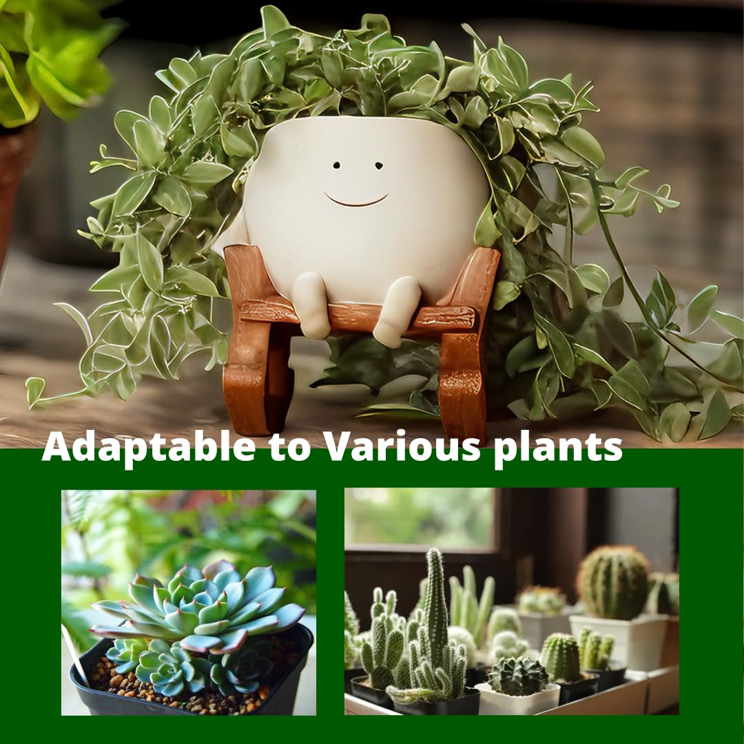 Cute Small Flower Pot for Succulents, Smiley Face Rocking Chair Planter Pots with Drainage Hole, Mini Desk Planter for Office Home Decoration to Relieve Stress, Gift for Child, Mom, Gardener