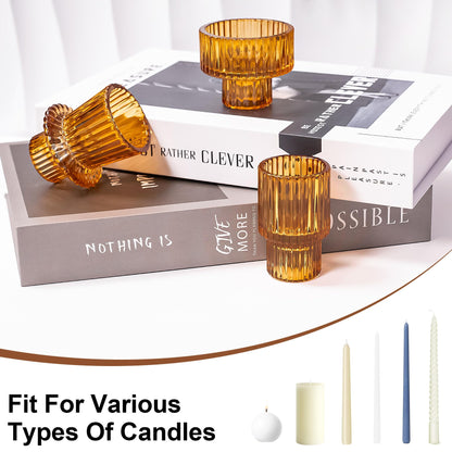 Toptime Candlestick Holders Set of 6, Ribbed Glass Taper Candle Holders, Reversible Amber Tealight & Candle Stick Candle Holder Vintage Crystal Tapered Candlestick for Wedding Dinner Party Festival