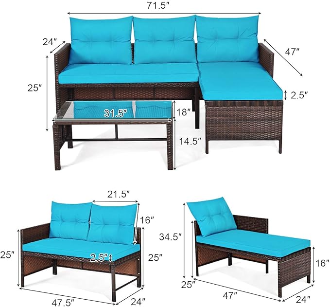 Tangkula Patio Corner Sofa Set 3 Piece, Outdoor Rattan Sofa Set, Includes