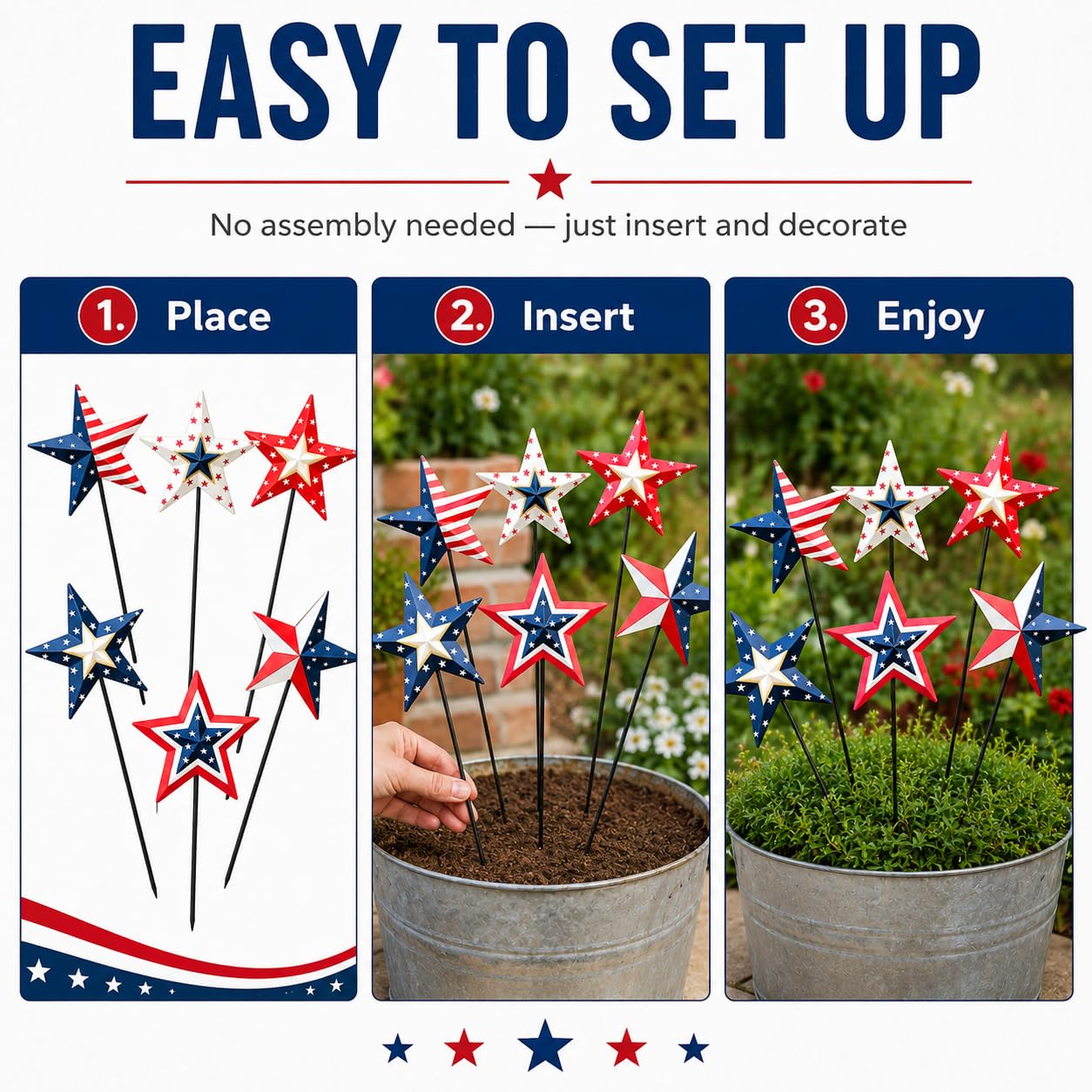 WKHOMEDECO 4th of July Decorations Outdoor 19" Metal Barn Star 6-Pack, Patriotic Outdoor Decorations, Rustic Iron Decorative Garden Stakes with American Flag Stars for Yard Patio Lawn