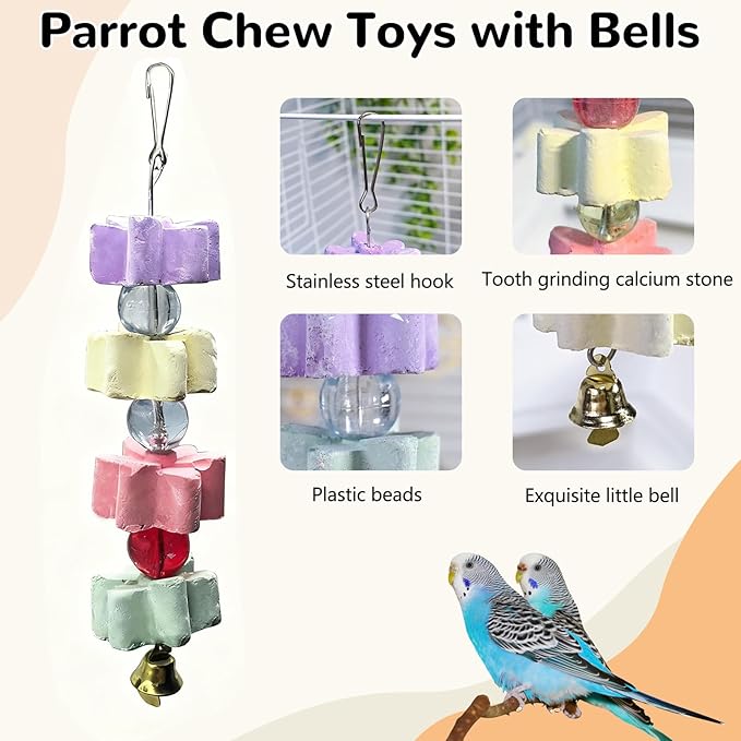 Hamiledyi 2Pieces Parrot Beak Trimmer Calcium Stone Chinchilla Grinding Teeth Lava Block Bird Beak Trim Pumice Toy Mineral Rock Chewing Toys with Bell for Conure Budgies Parakeet Hamster Rabbit