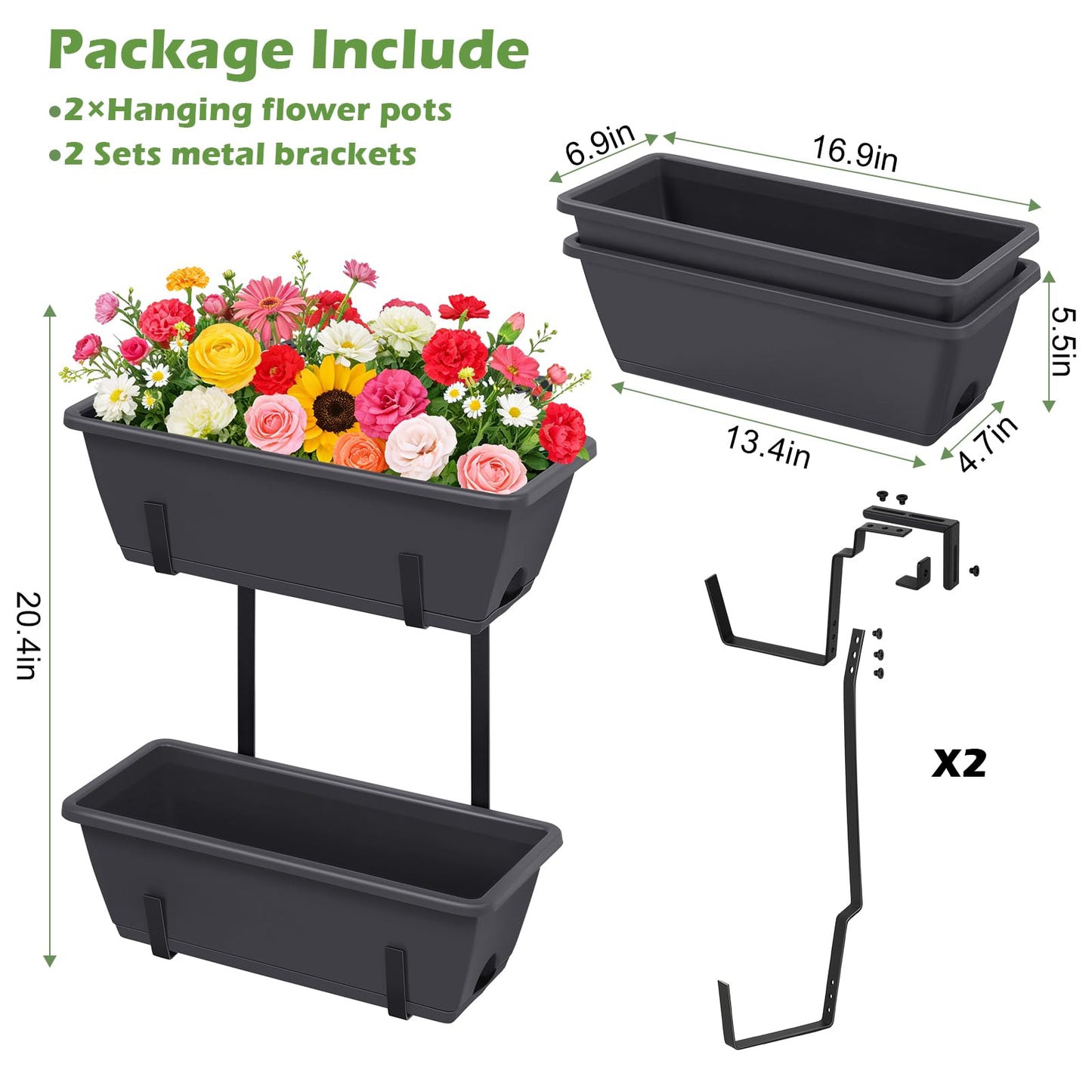 Railing Planter Box 2 Pack Rectangular Window Boxes Planters with Double Adjustable Brackets, Balcony Deck Railing Hanging Planters Herb Flower Pots for Indoor Outdoor Plants Garden Fence Rail