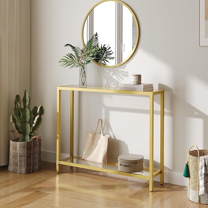 HOOBRO 39.4" Narrow Console Table, Tempered Glass Sofa Table, Behind Couch
