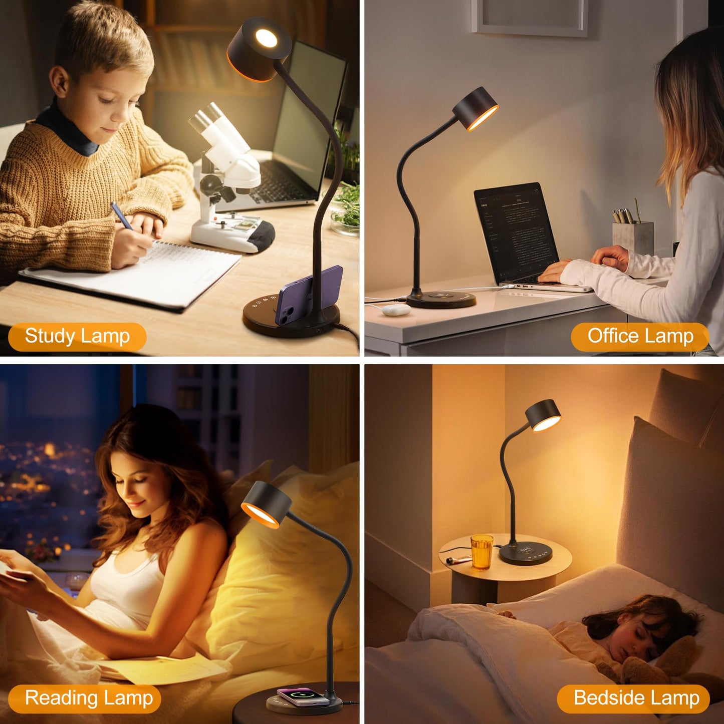LED Desk Lamp with Wireless Charger, USB C + A Charging Ports, Eye-Caring Metal Bedside Lamp, 5 Colors Stepless Dimmable Reading Lamp, Touch Table Lamp Gooseneck Lamp for Home Office Dorm Black
