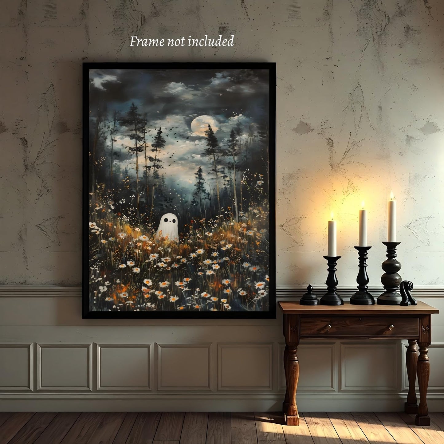 KBBYT Dark Academia Wall Art Ghost In Magical Forest Poster Spooky Halloween Wall Decor Ethereal Ghost Fall Floral Gothic Canvas Print for Witchcore Aesthetic Haunted Room Bedroom 16X24inch Unframed