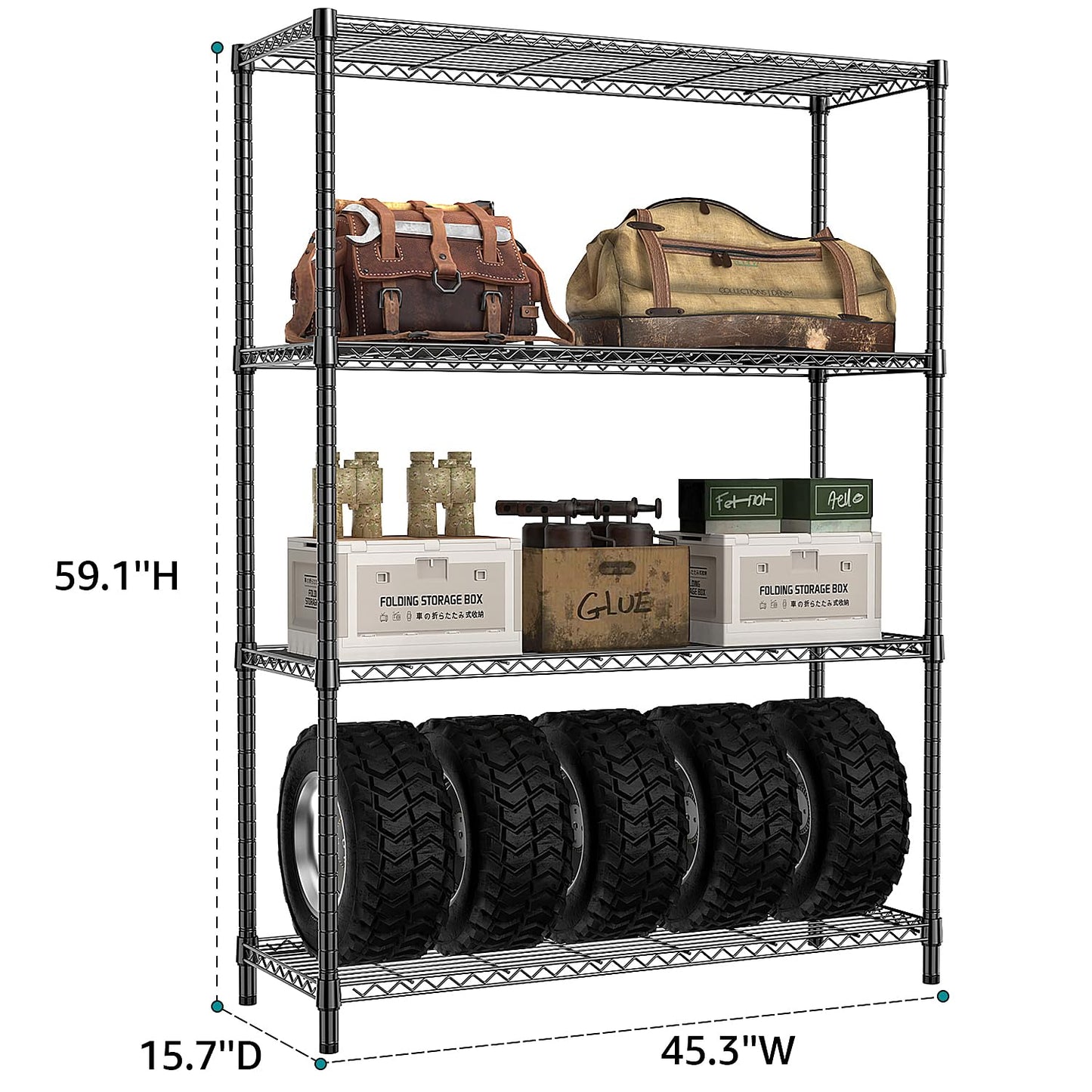 IZEUK 1400 LBS Garage Black Shelving Wide Storage Shelves 4 Tier Adjustable Heavy Duty Metal Wire Rack Standing Shelf Unit for Kitchen Office College Dorm Garage Warehouse 15.8" x 45.8"x 59.4"