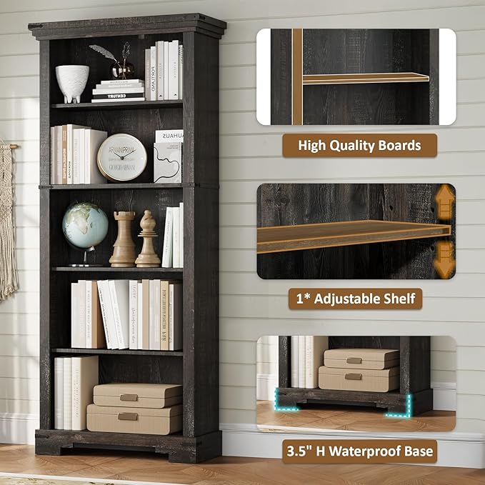 5-Tier Farmhouse Bookshelf, 61.1 inch Tall Bookcase