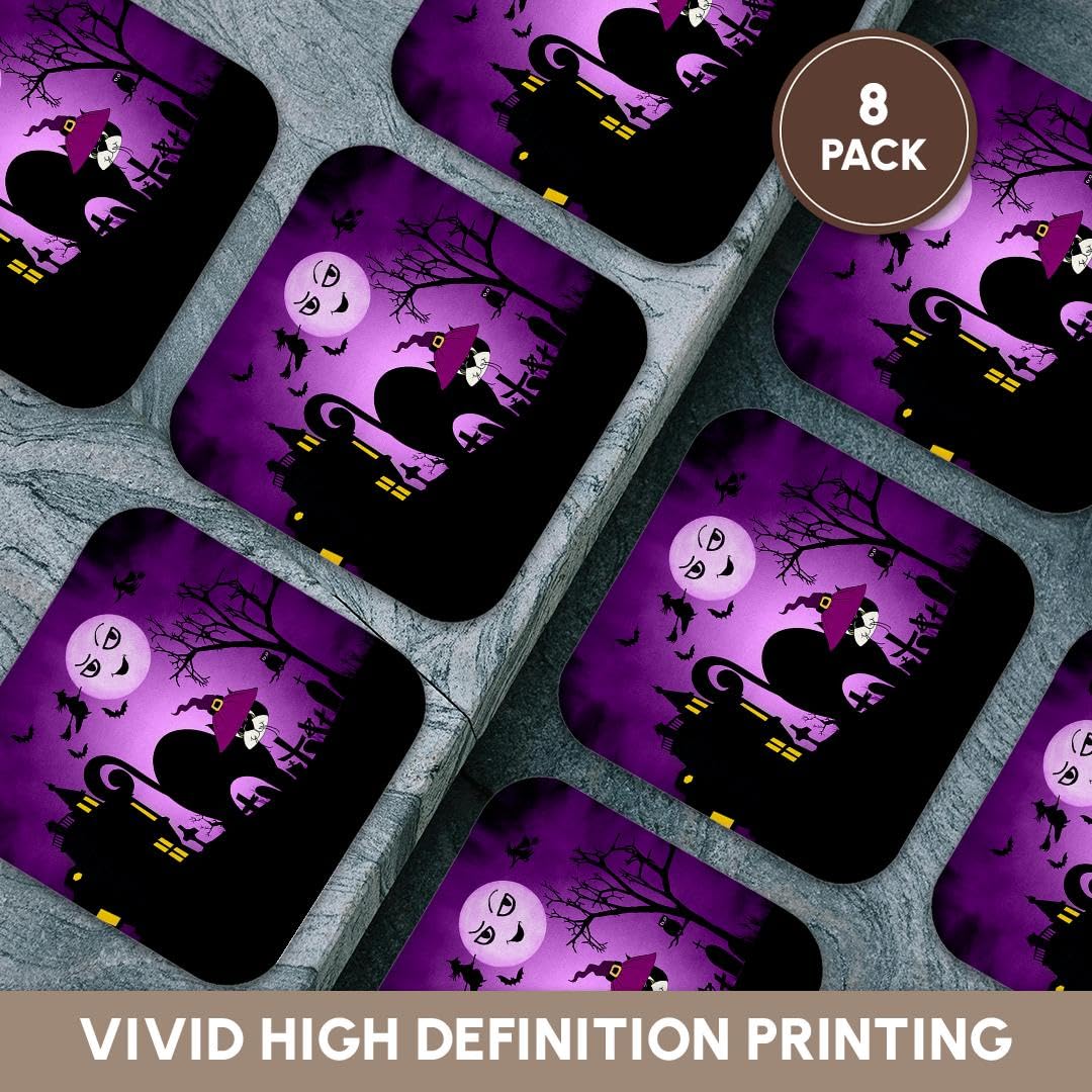 3dRose cst_173233_2 Black Cat in a Witches Hat a Laughing Moon Purple and Black Halloween-Soft Coasters, Set of 8