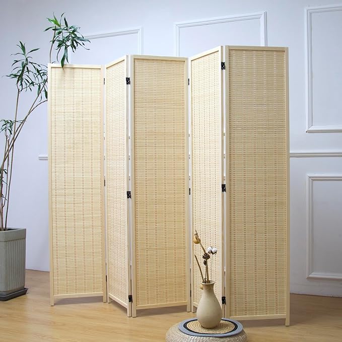 Furnnylane 5 Panel Bamboo Room Divider – 5.6 ft Tall Folding Privacy Screen