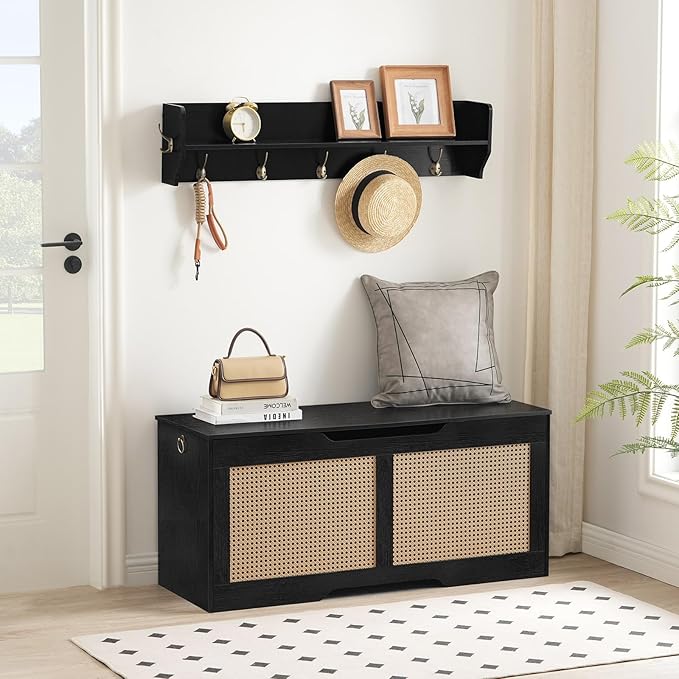HOOBRO Storage Bench, 43.3" Toy Box, Rattan-Like Storage Chest, Sturdy Entryway