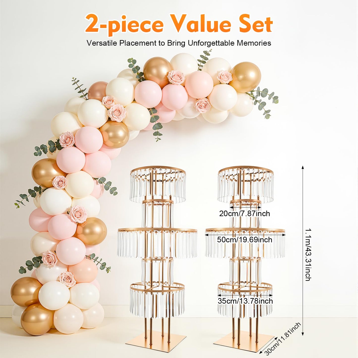 2 PCS 5 Tier Crystal Flower Stands, 43.3in Tall Wedding Centerpieces, Crystal Flower Stand with Hanging Crystals for a Wedding, Birthday Party, Celebration, Home Decoration, Living Room (Gold, Square)