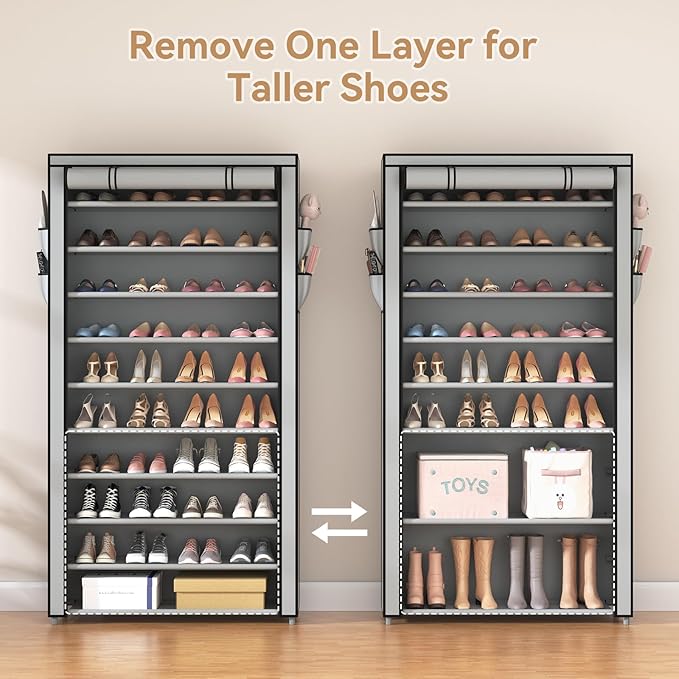 ROJASOP Shoe Rack with Covers, Stackable 10 Tier Tall Shoe Shelf Storage 50-55