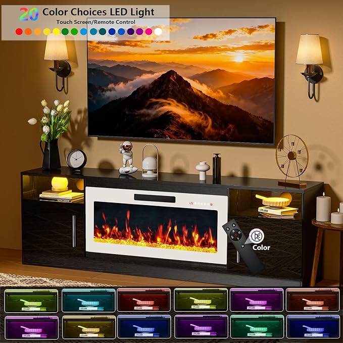 PRETZI Fireplace TV Stand with 36" Fireplace Up to 80" TVs, Remote Control