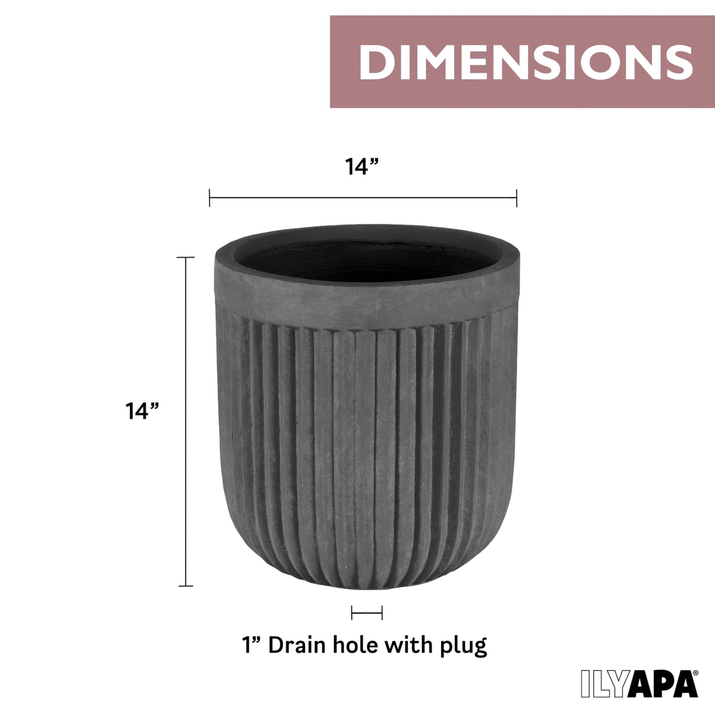 Ilyapa 14 Inch Large Fluted Modern Concrete Planter - 14x14 Inch Indoor Plant Pots with Drainage - Large Black Planters for Indoor/Outdoor Use