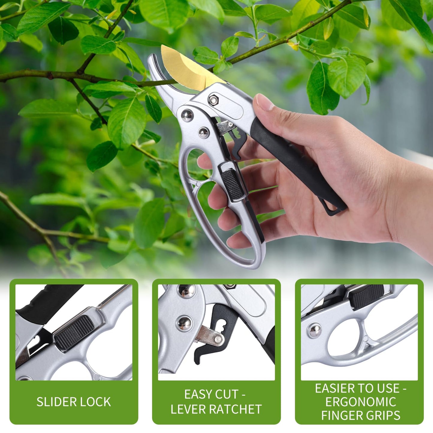 MEPEREZ Garden Clippers, Premium Germany Titanium Pruners, Work 3 Times Easier, Ratcheting Pruning Shears, Cutting Rose, Flower, Hedge, Stem, Tree, Sharp Gardening Scissors, Arthritis Weak Hand Snips