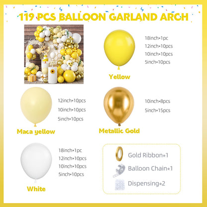 Biapian Yellow Balloon Garland Arch, 115 PCS Yellow White Balloon Arch Kit with Gold White Latex Balloon for Lemon Boho Sunshine Daisy Honeybee Theme Birthday Baby Shower Party Decoration