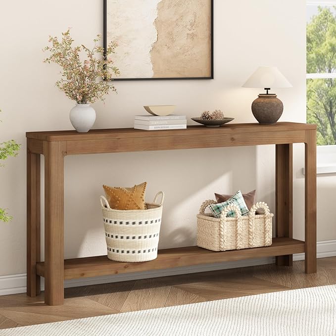 Solid Wood Console Table 63", Farmhouse Sofa Table