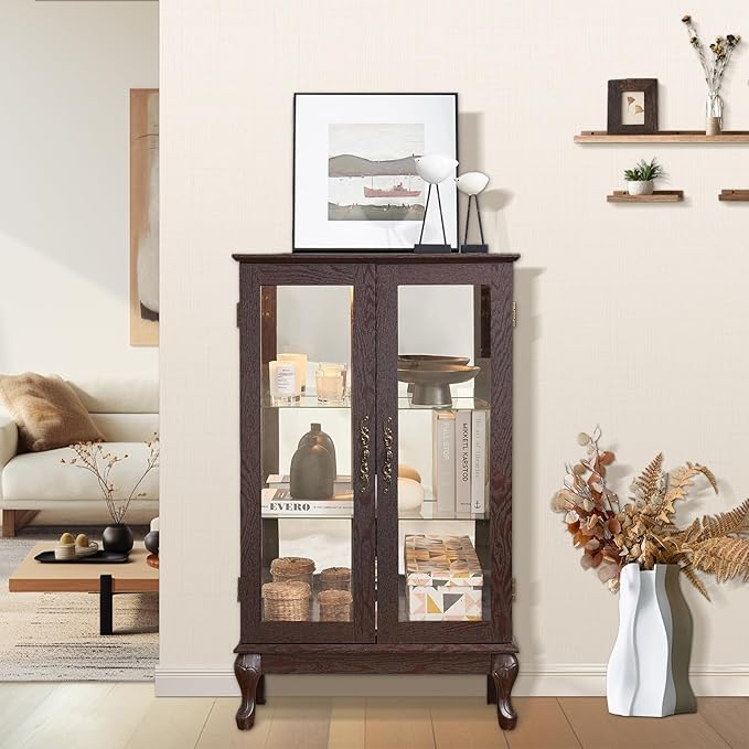 Curio Cabinet with Lighted Display, Glass Display with Mirrored Back, Vintage