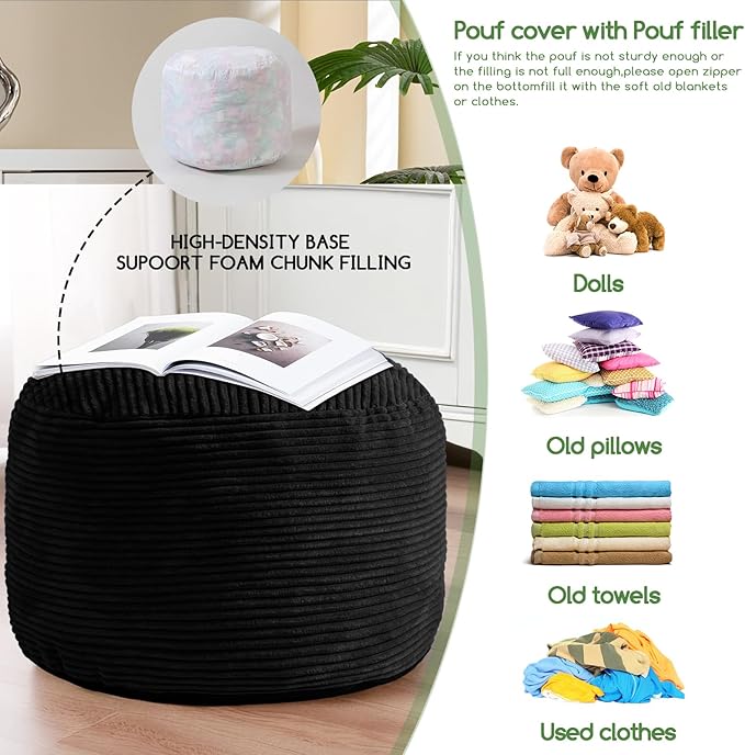HIGOGOGO Round Stuffed Pouf Ottoman, Corduroy Poufs