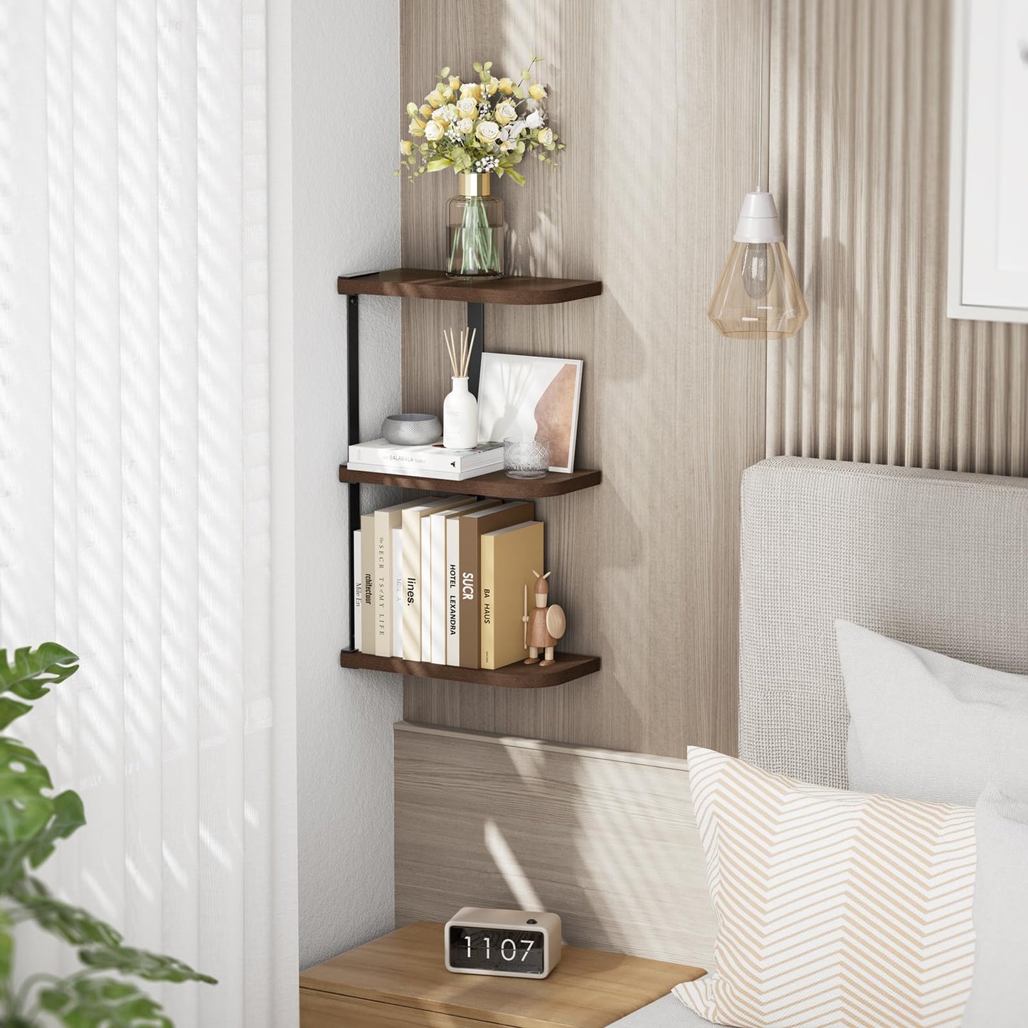 Love-KANKEI Corner Shelf Wall Mount of 3 Tier Rustic Wood Floating Shelves for Bedroom Living Room Bathroom Kitchen Office and More Dark Walnut