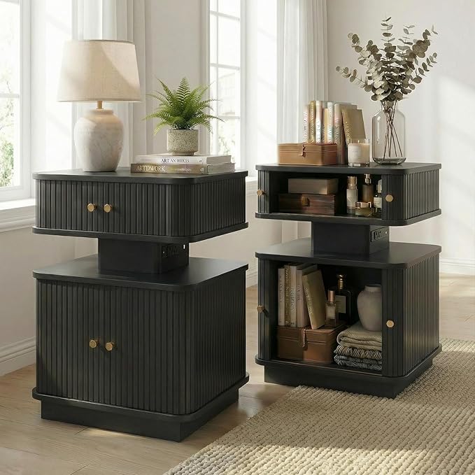LED Nightstand Set of 2, Fluted Night Stand
