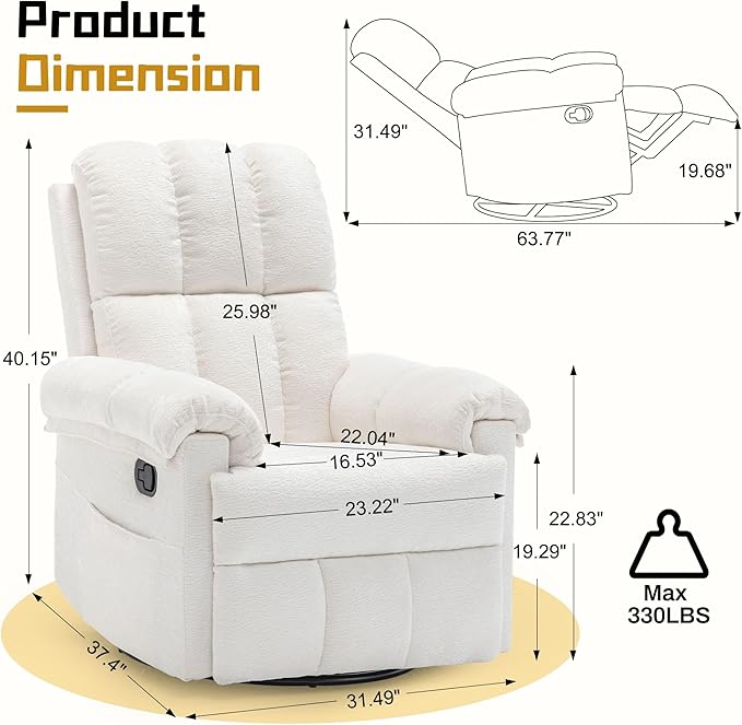 Korser Recliner Chair, Swivel Rocker Recliner Chair