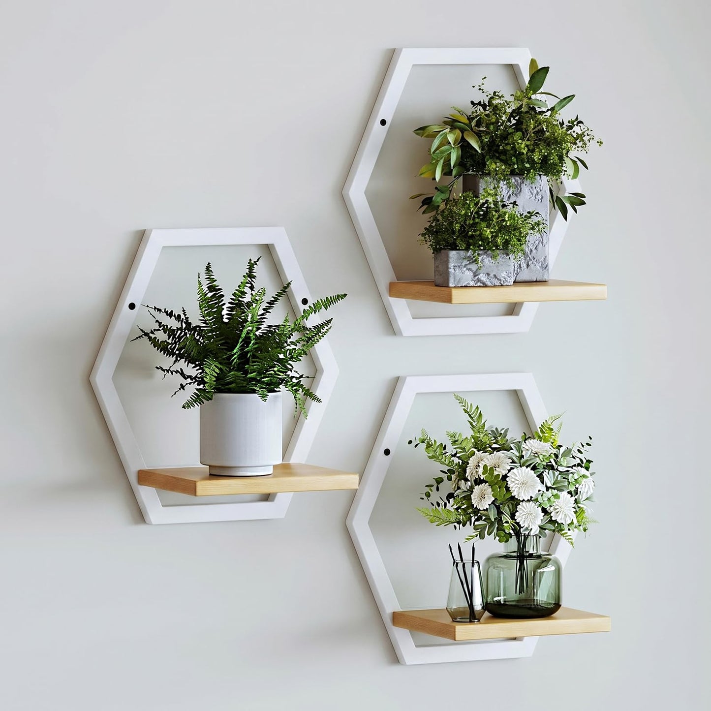 Rioneta 3 Pack Solid Wood & Heavy Duty Metal Wall Plant Stands,9 inch Natural Wood Shelf, Boho Arch Hanging Planter for Indoor 25 LB Load for Plants White